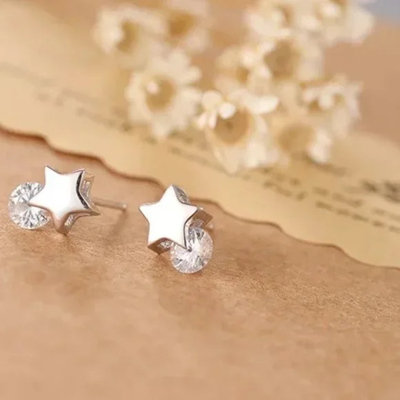 14k Gold Dainty Star Diamonds Stud Earrings Sterling Silver - Picture 2 of 7